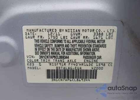 2012 Nissan Versa S/Sv/Sl from USA, damaged, VIN 3N1CN7AP6CL869344